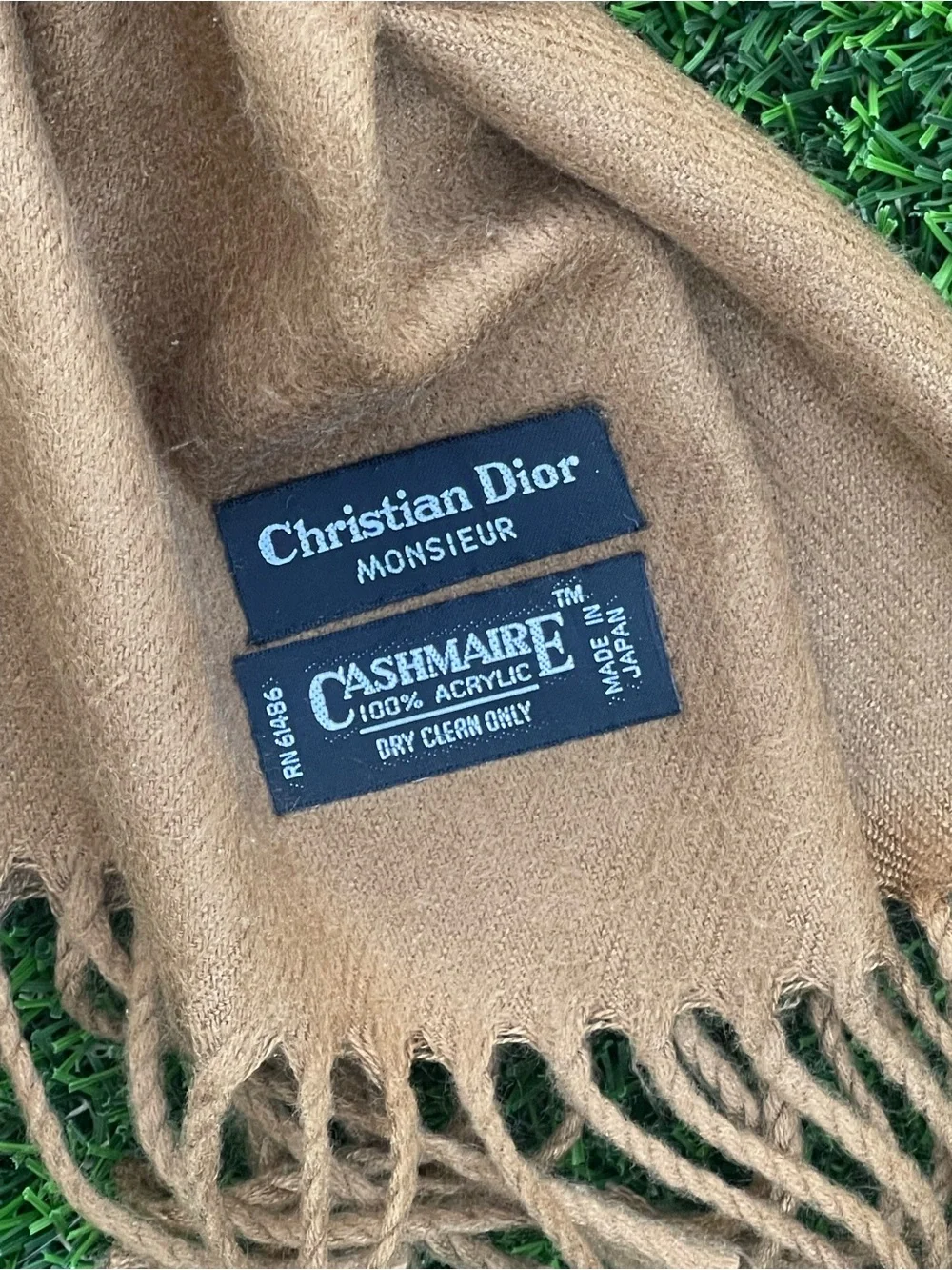 VTG Christian Dior Monsieur Cashmaire Scarf Tan Camel Fringe Made In Japan